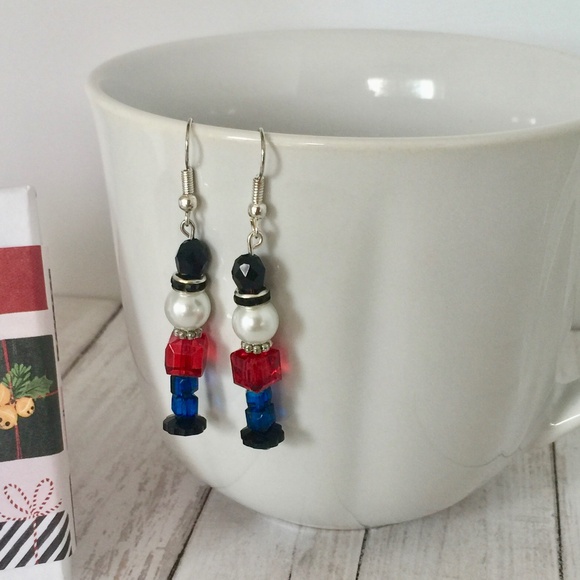 Silver Plated Pearl/Rhinestone Nutcracker Christmas Dangle Earrings, Fishhook - Picture 2 of 2